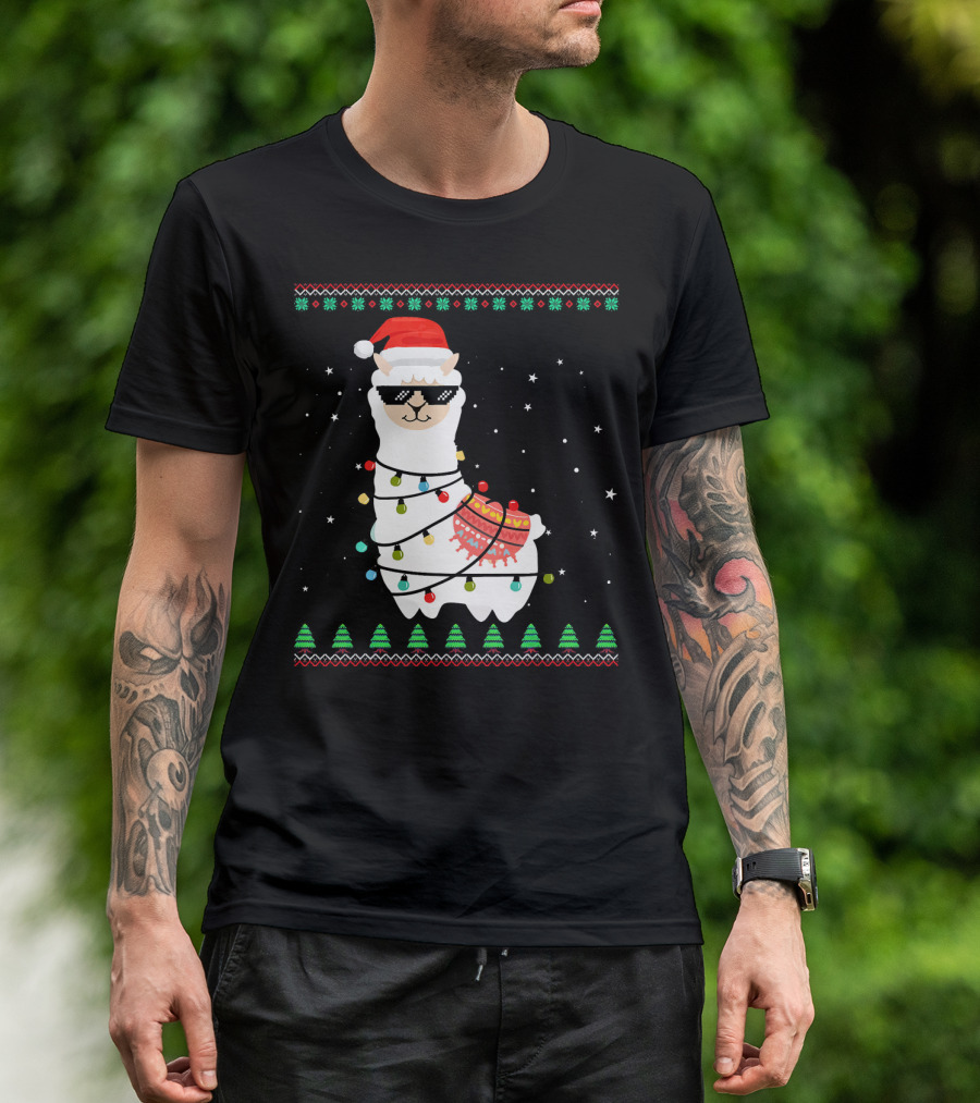 Christmas Llama Santa Hat Sunglasses Festive Lights Sweater Snowflakes T-Shirt