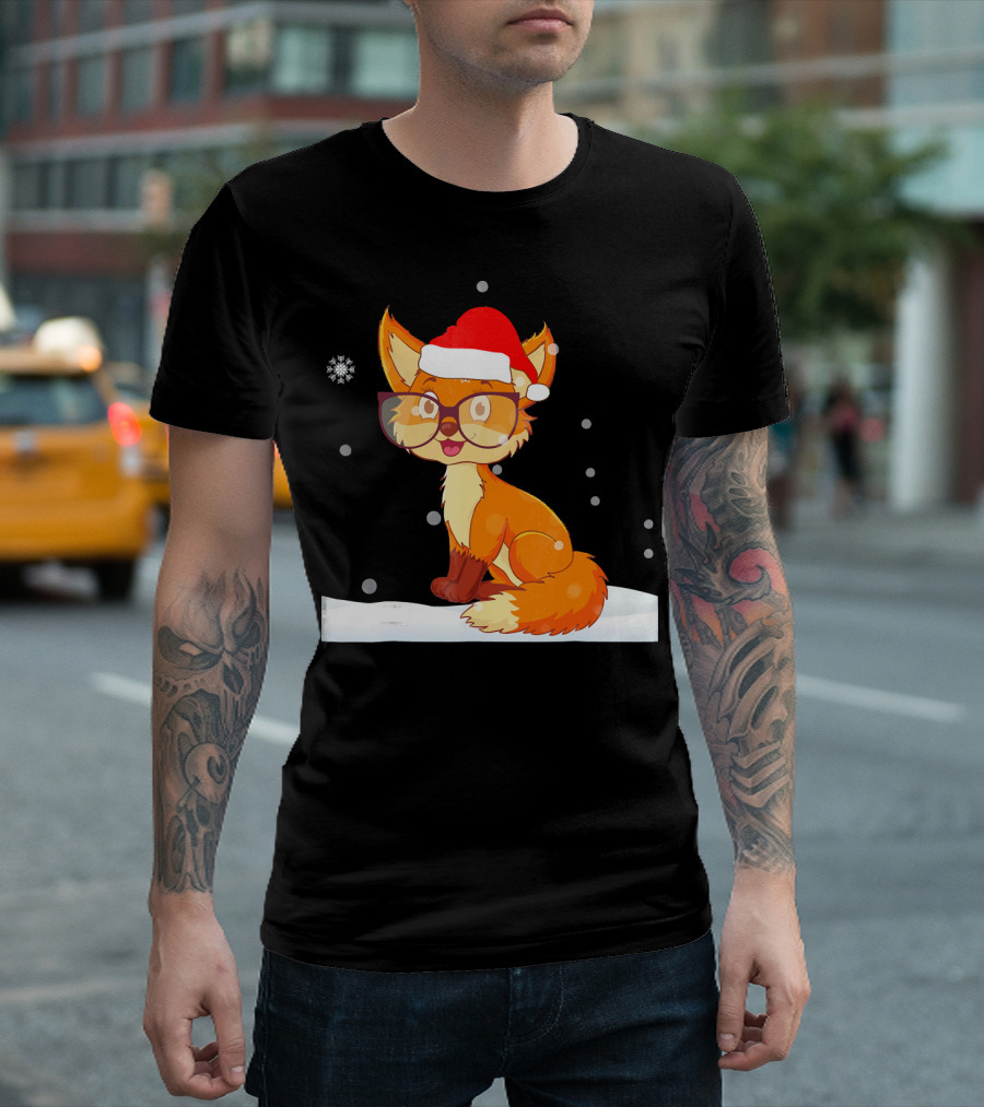Christmas Fox Santa Hat Snowflake Glasses T-Shirt