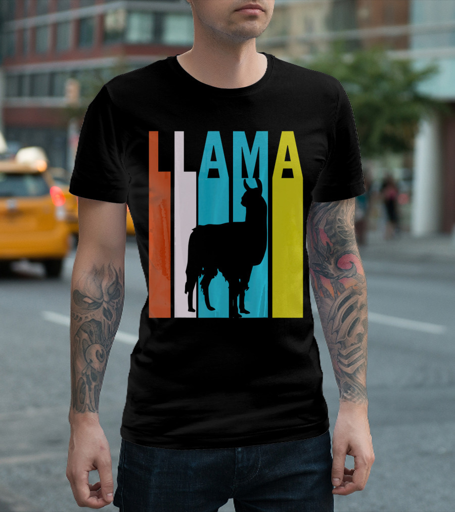 Llama Silhouette Retro Vintage Color Bars T-Shirt