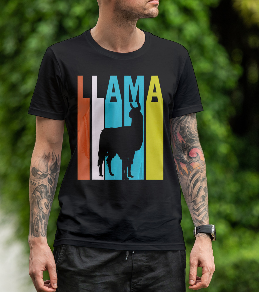 Llama Silhouette Retro Vintage Color Bars T-Shirt