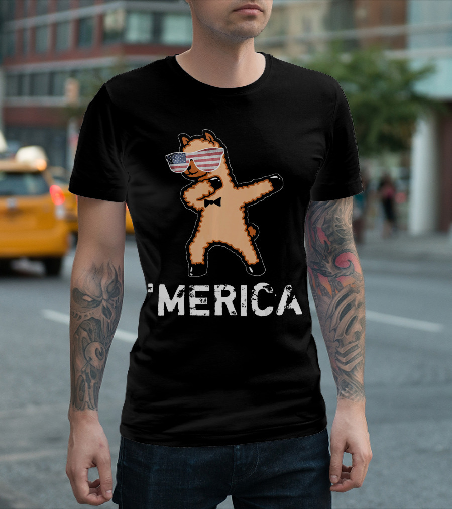 Dabbing Llama Alpaca Merica 4th of July Sunglasses T-Shirt