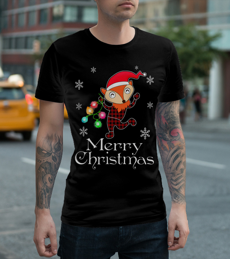 Merry Christmas Buffalo Plaid Santa Claus Fox Lights T-Shirt