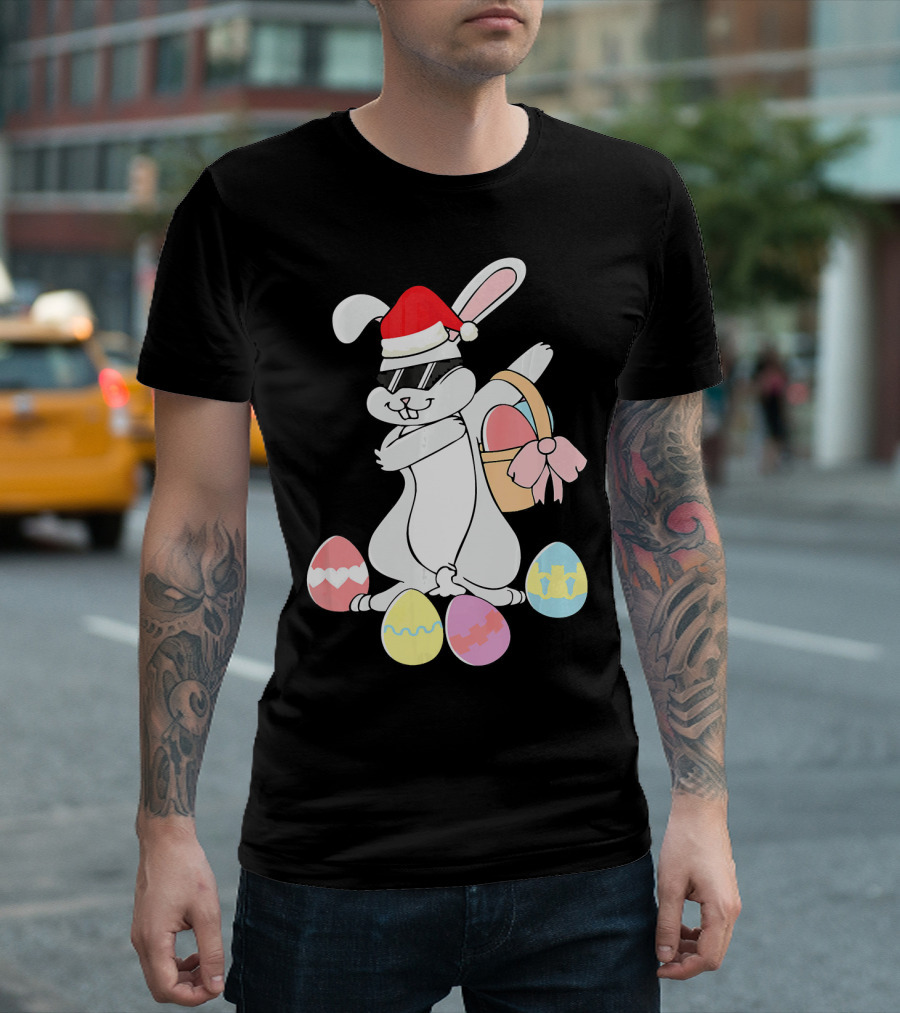 Dabbing Easter Bunny Santa Hat Holding Basket Surrounded by Colorful Eggs T-Shirt