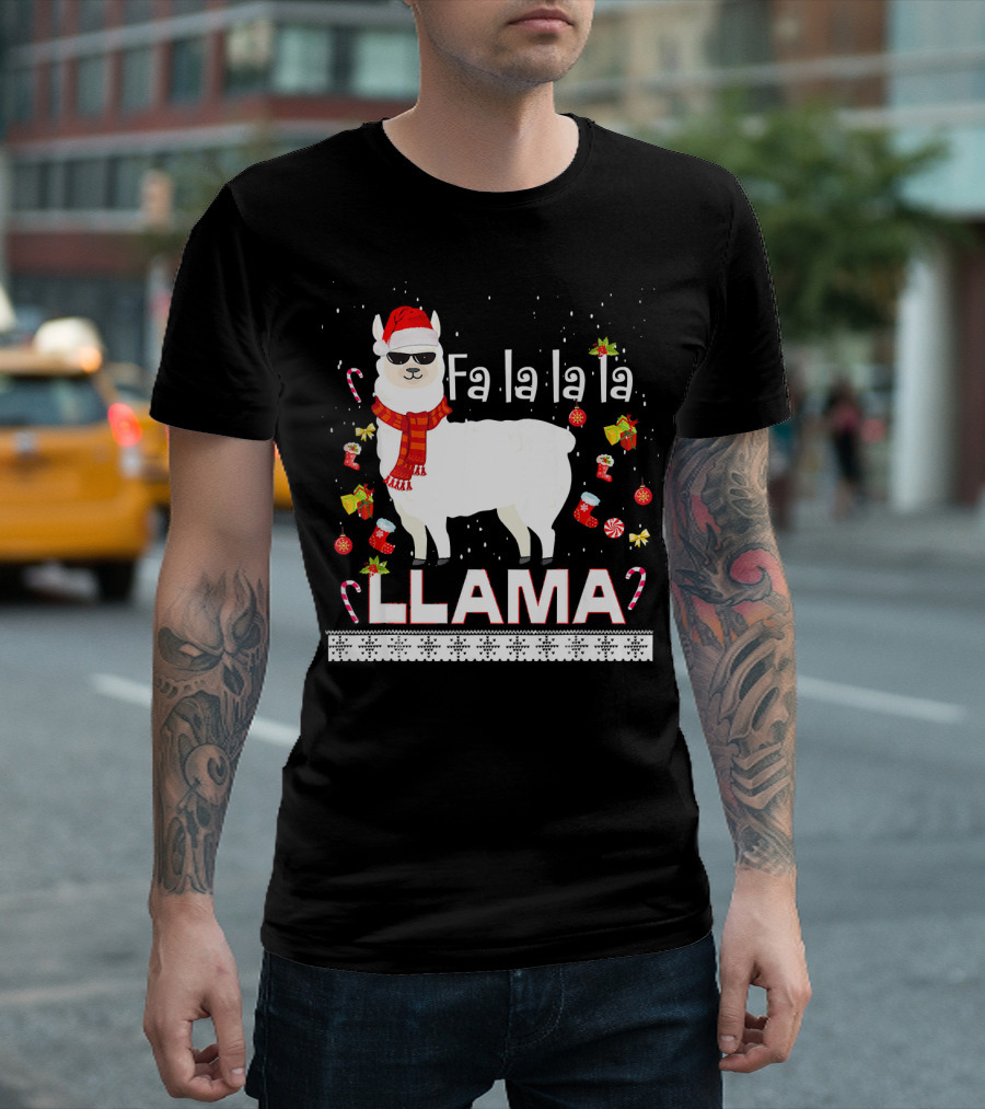 Fa La La La Llama Santa Hat Ugly Christmas T-Shirt