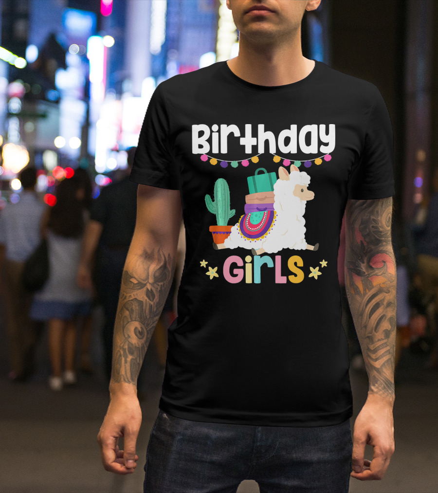 Birthday Girls Cute Alpaca Llama With Cactus And Colorful Decorations T-Shirt
