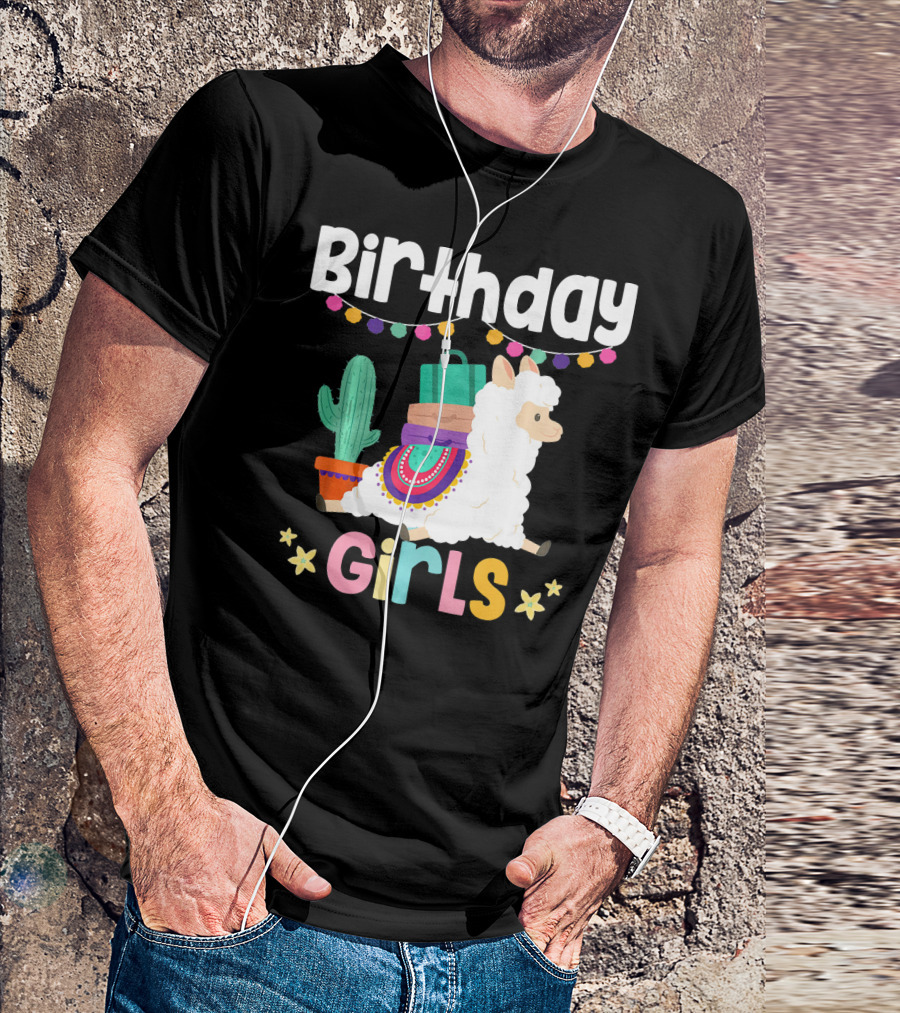 Birthday Girls Cute Alpaca Llama With Cactus And Colorful Decorations T-Shirt