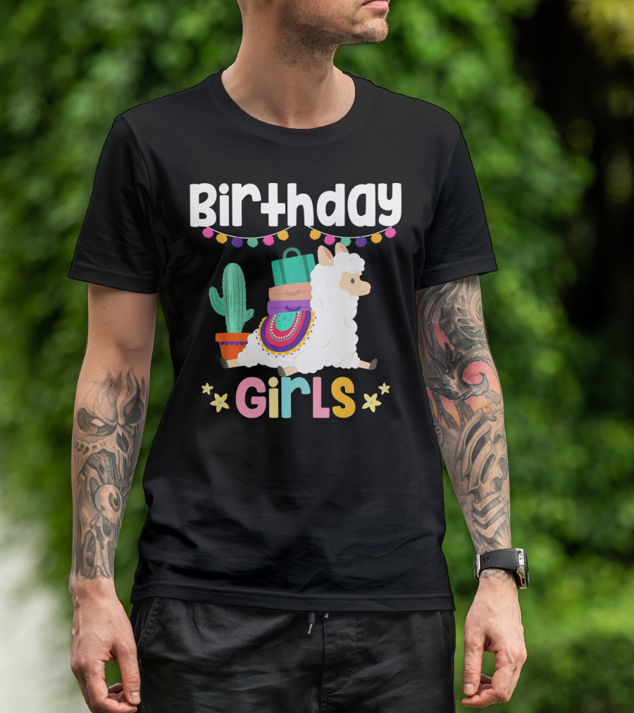 Birthday Girls Cute Alpaca Llama With Cactus And Colorful Decorations T-Shirt