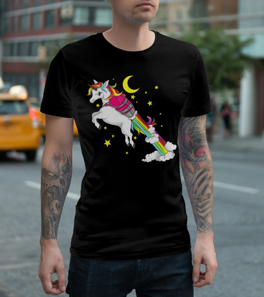 Cool Unicorn Rocket Rainbow Stars Funny Jetpack Moon T-Shirt