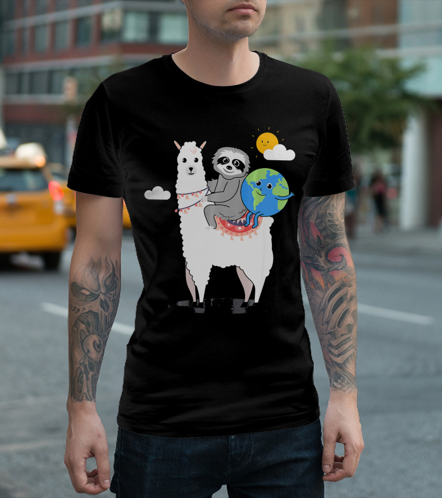 Cute Sloth Rides Llama with Happy Earth and Sun for Earth Day T-Shirt