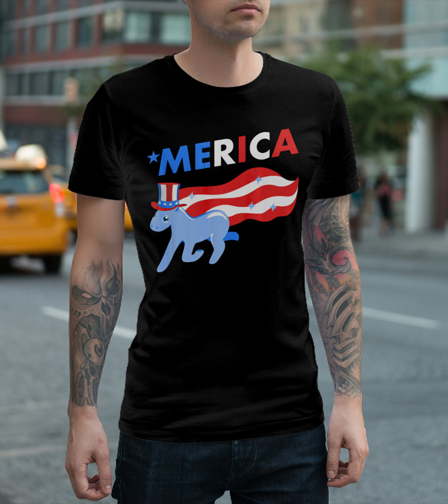 Merica Patriotic Pony With Uncle Sam Hat And American Flag Stripes T-Shirt