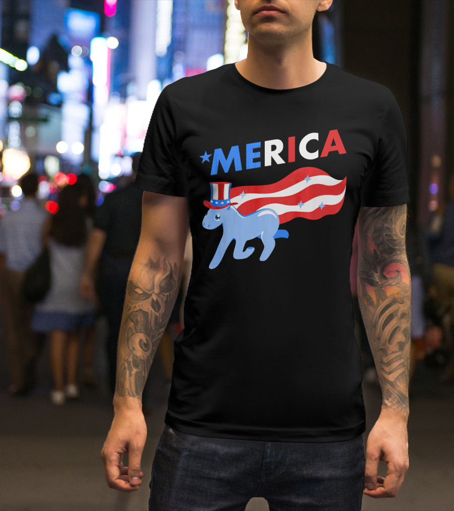 Merica Patriotic Pony With Uncle Sam Hat And American Flag Stripes T-Shirt