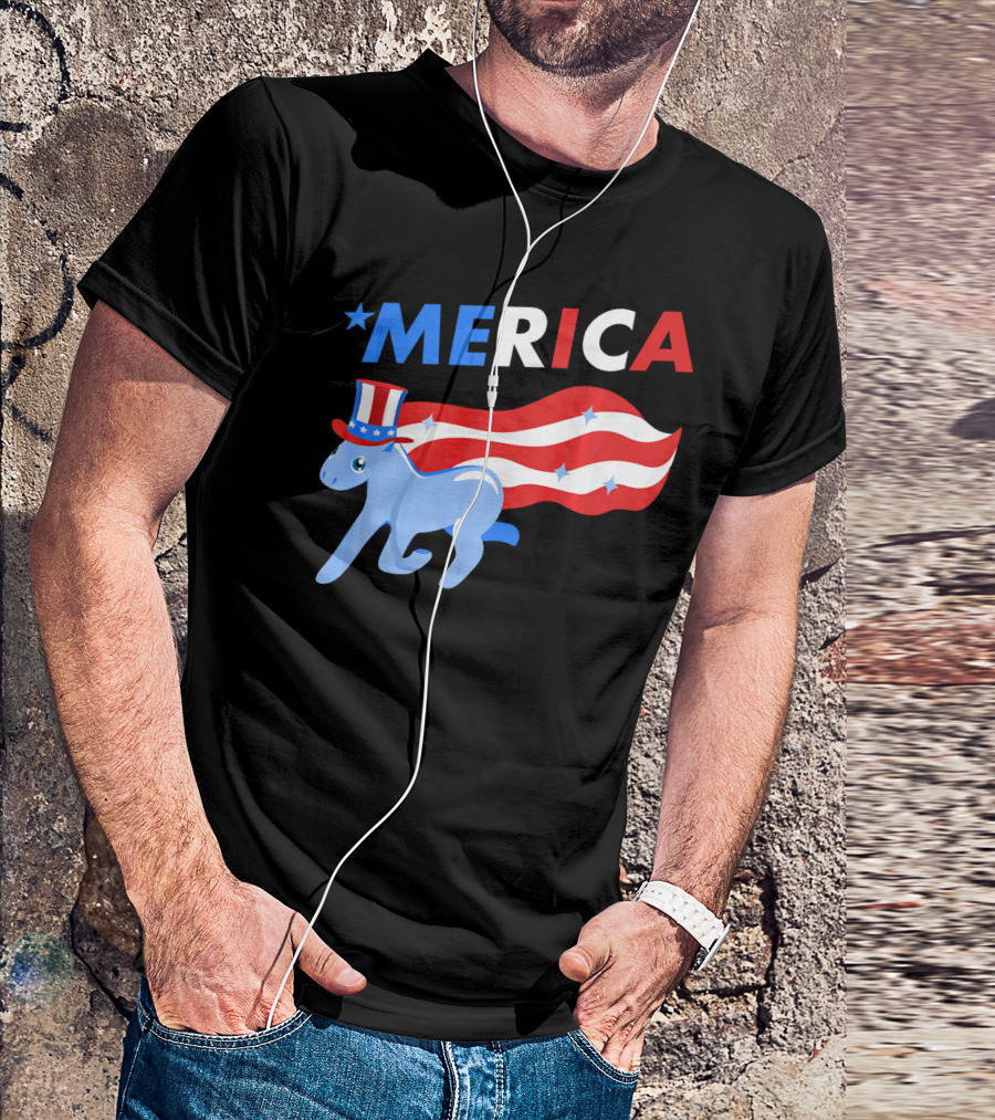 Merica Patriotic Pony With Uncle Sam Hat And American Flag Stripes T-Shirt