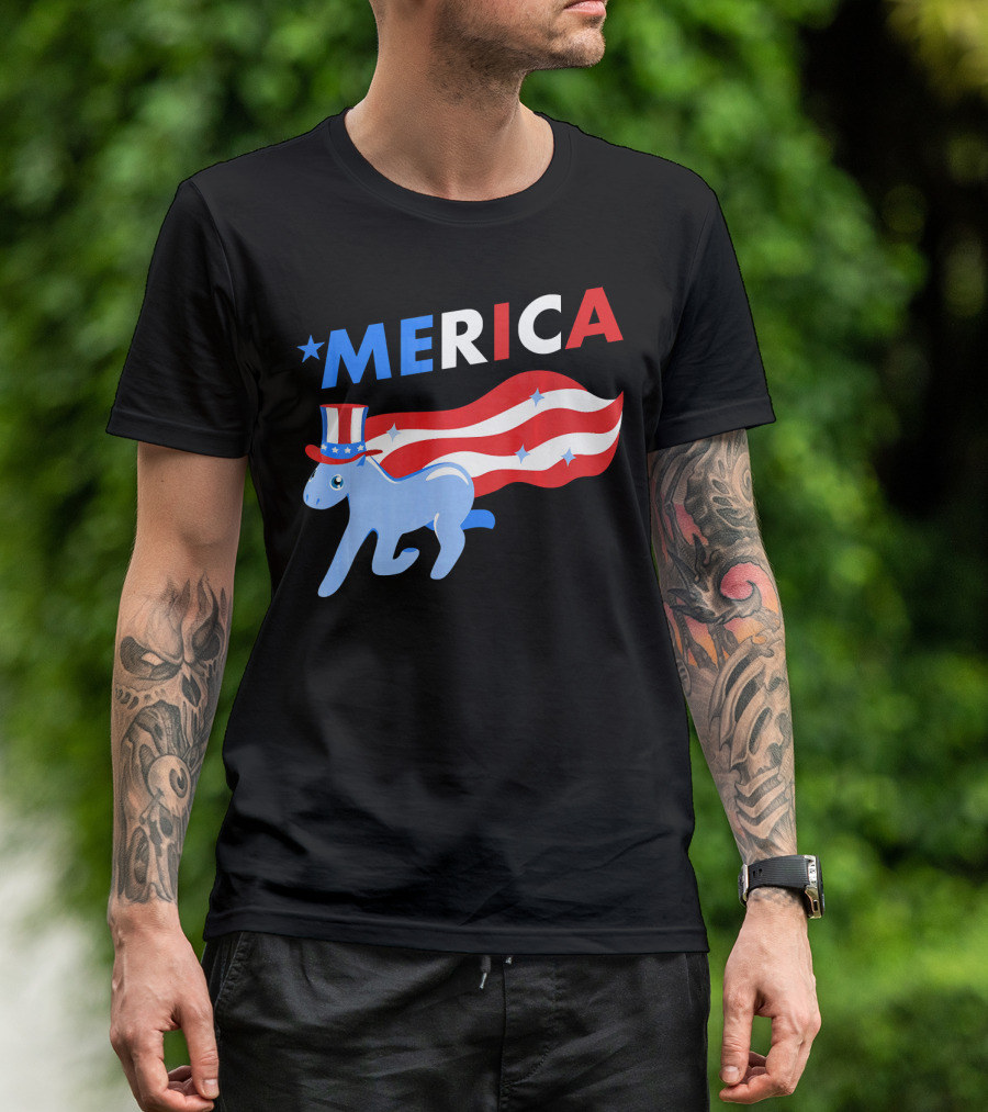 Merica Patriotic Pony With Uncle Sam Hat And American Flag Stripes T-Shirt