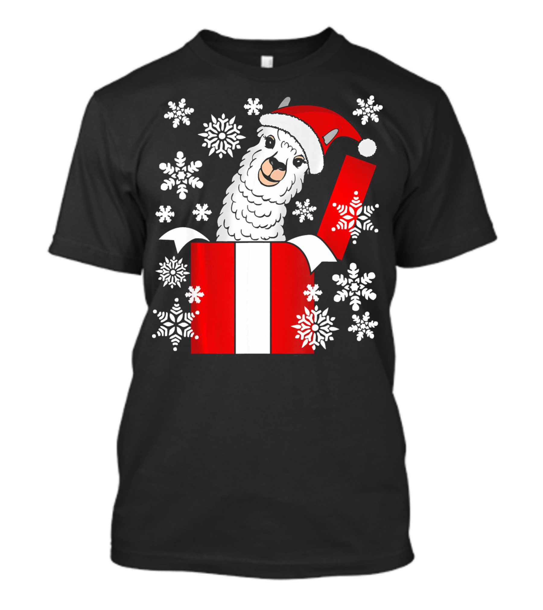 Llama Alpaca Snowflake Gift Box Santa Hat Christmas T-Shirt