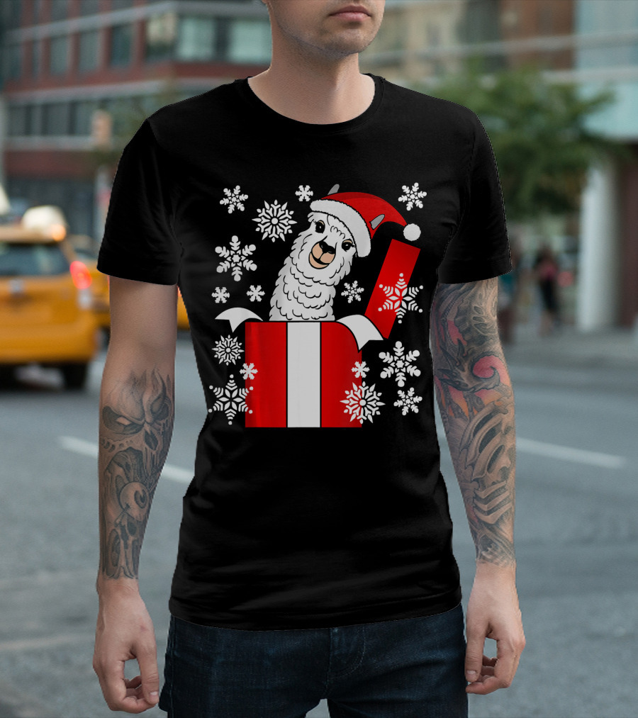 Llama Alpaca Snowflake Gift Box Santa Hat Christmas T-Shirt