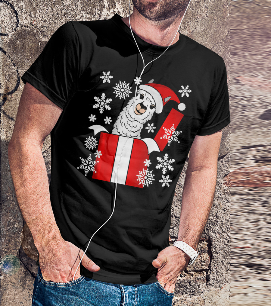 Llama Alpaca Snowflake Gift Box Santa Hat Christmas T-Shirt