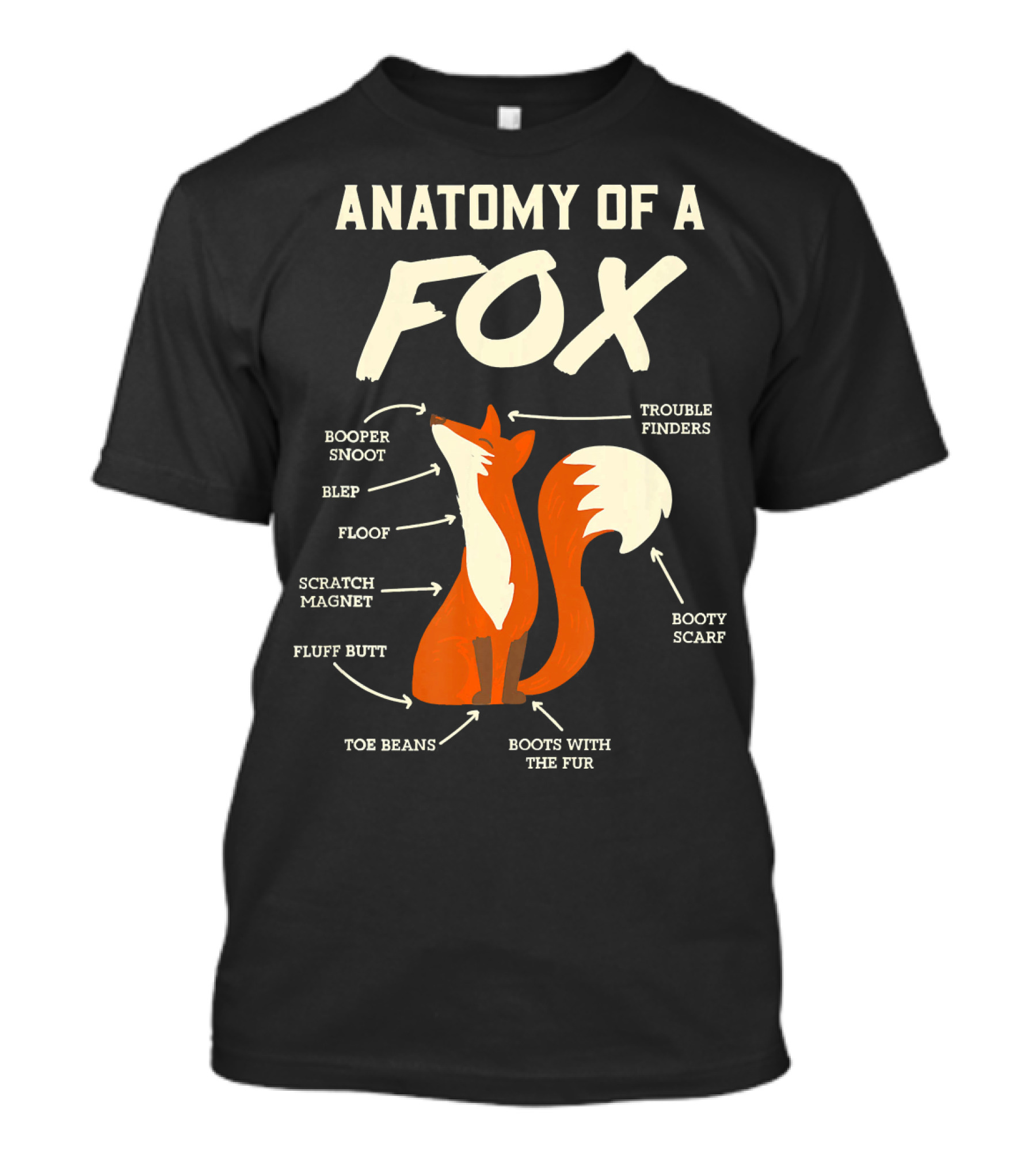Anatomy Of A Fox Booper Snoot Floof Fluff Butt Toe Beans Trouble Finders Booty Scarf Boots With The Fur Furry Fandom Fan T-Shirt