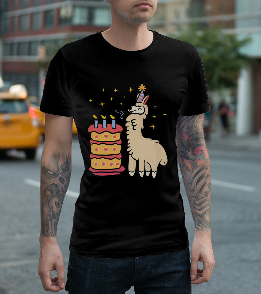 Birthday Llama With Cake And Stars T-Shirt