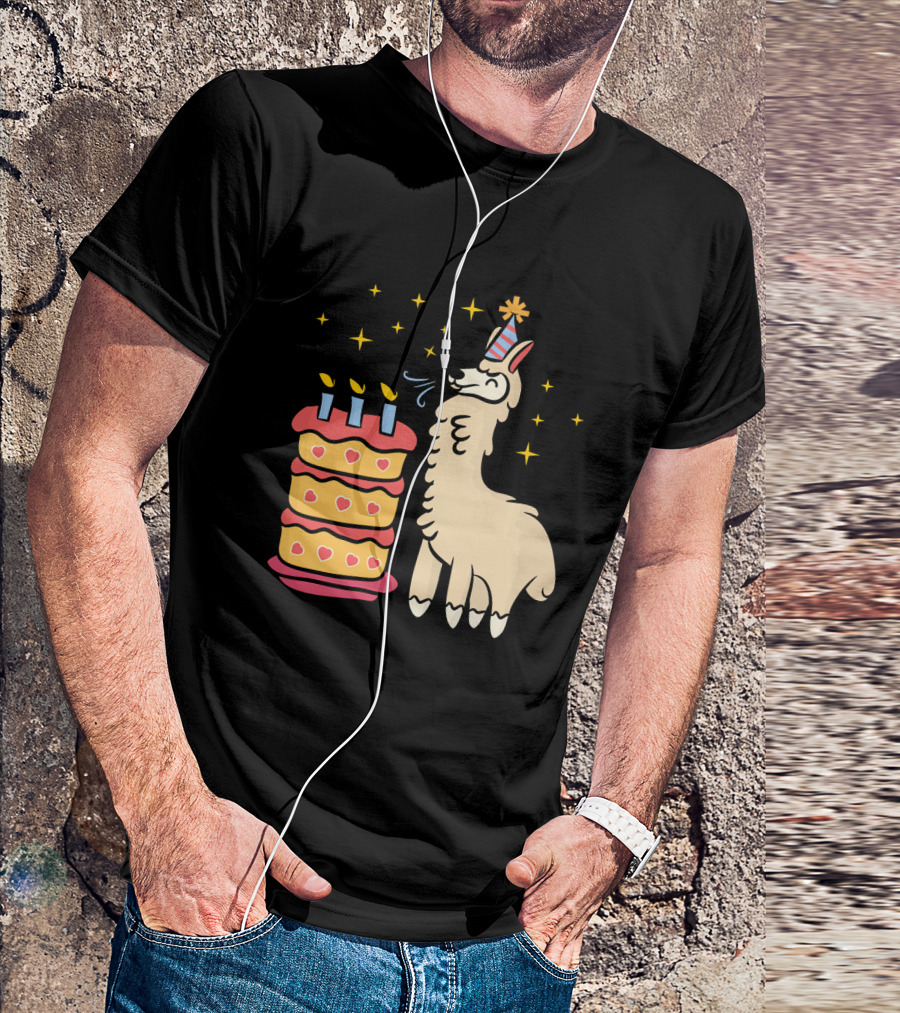 Birthday Llama With Cake And Stars T-Shirt