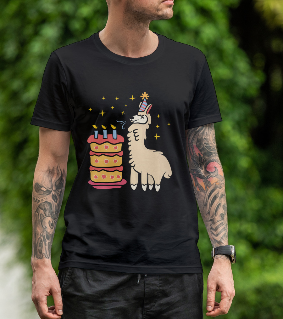 Birthday Llama With Cake And Stars T-Shirt