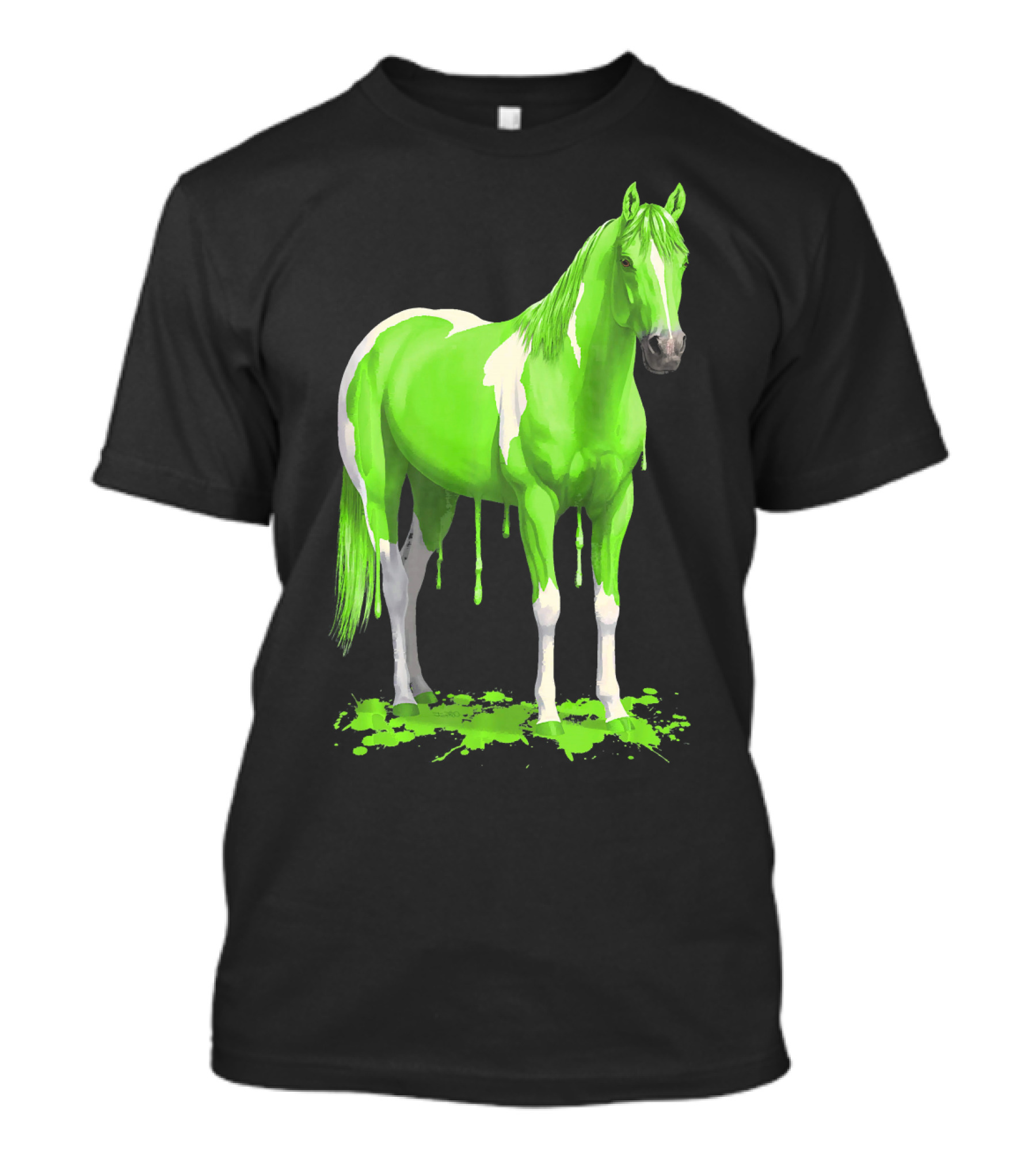 Wet Paint Dripping Neon Green Horse With White Contrast T-Shirt