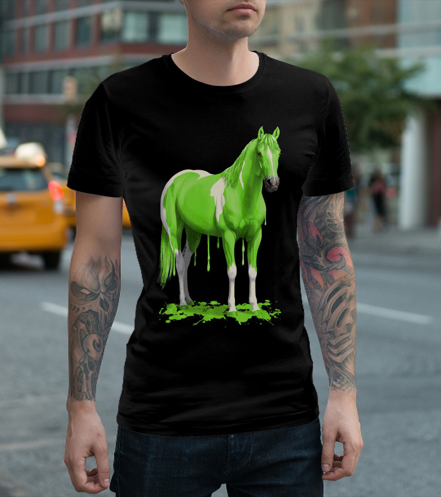 Wet Paint Dripping Neon Green Horse With White Contrast T-Shirt