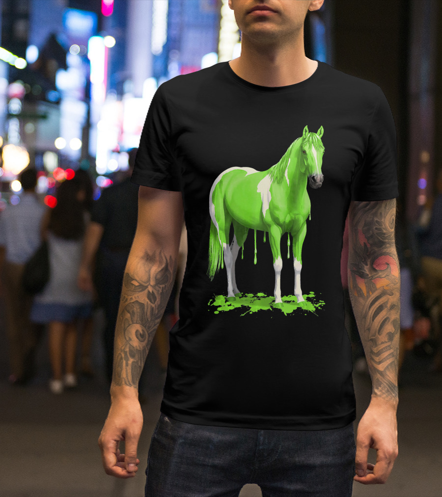 Wet Paint Dripping Neon Green Horse With White Contrast T-Shirt