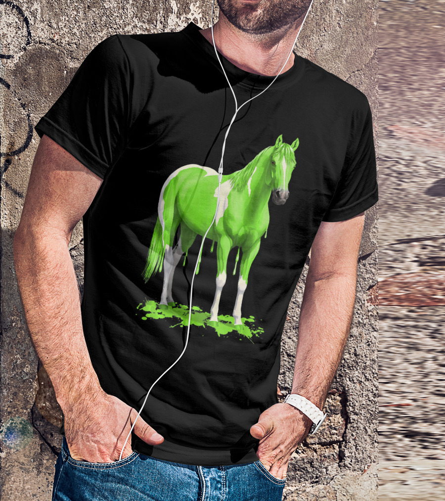 Wet Paint Dripping Neon Green Horse With White Contrast T-Shirt