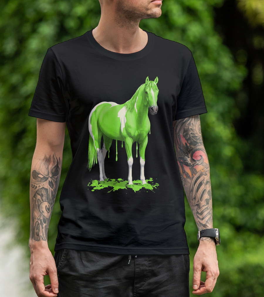 Wet Paint Dripping Neon Green Horse With White Contrast T-Shirt