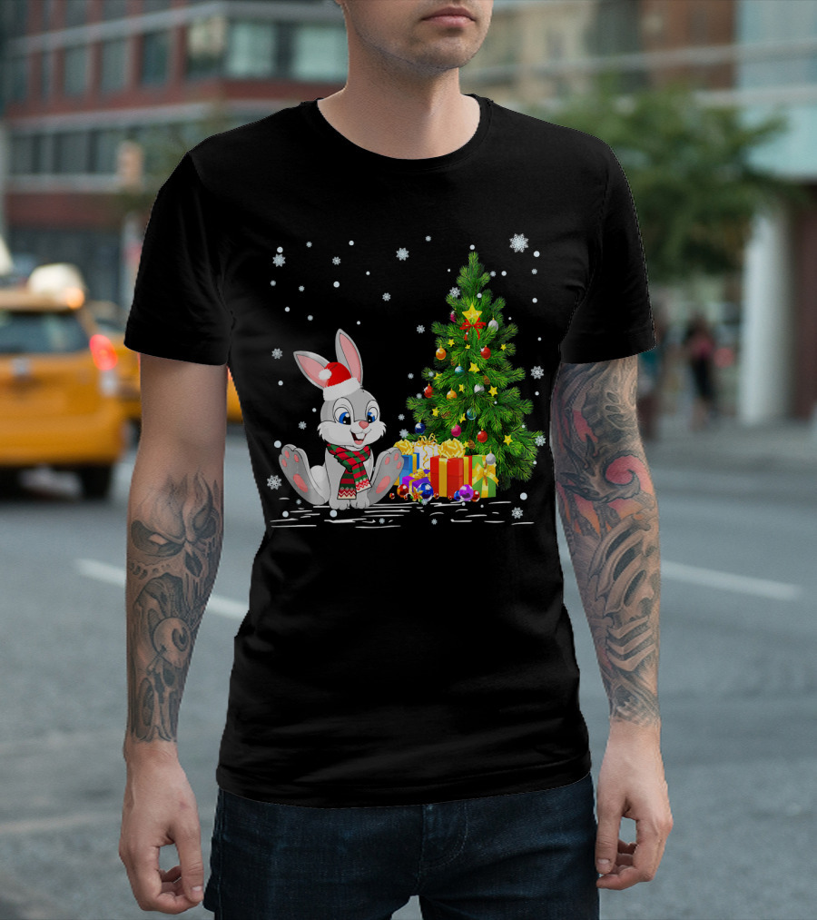 Funny Rabbit Lover Santa Hat Rabbit Christmas Tree Snowflakes T-Shirt