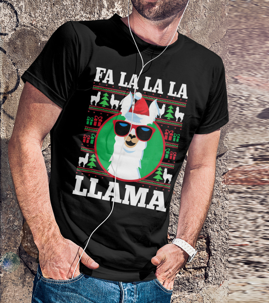 Fa La La La Llama Christmas Sweater Festive Design With Santa Hat And Sunglasses T-Shirt
