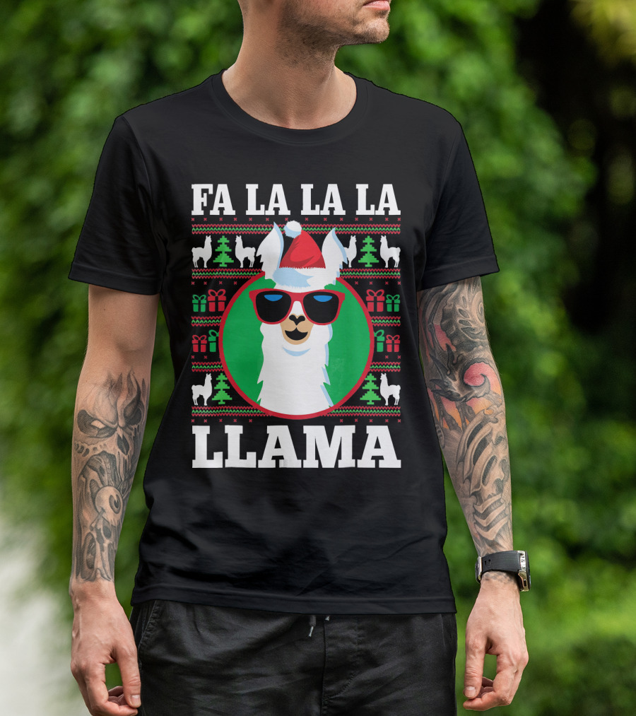 Fa La La La Llama Christmas Sweater Festive Design With Santa Hat And Sunglasses T-Shirt