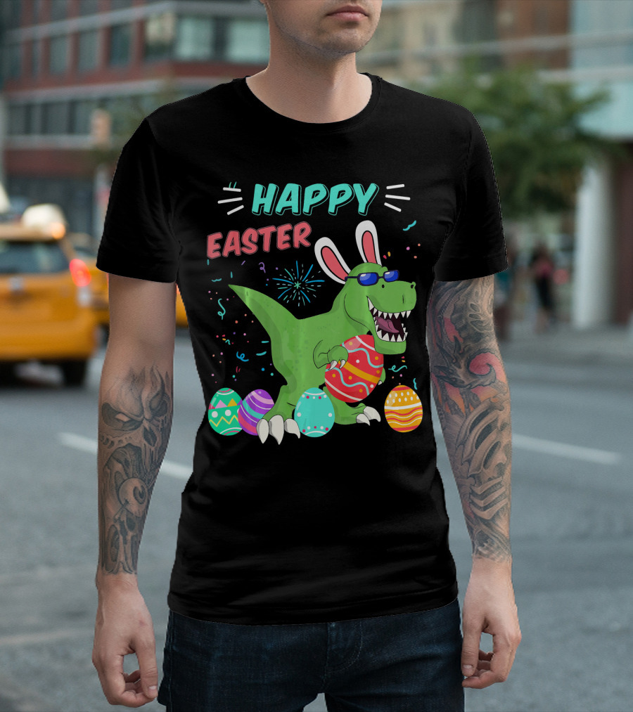 Happy Easter Dinosaur With Eggs And Bunny Ears T-Shirt