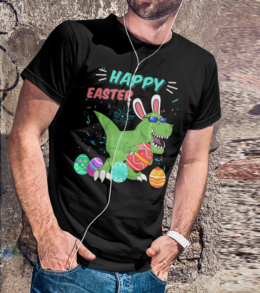 Happy Easter Dinosaur With Eggs And Bunny Ears T-Shirt