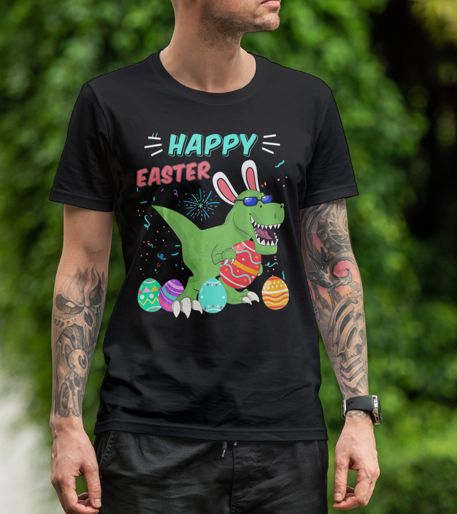 Happy Easter Dinosaur With Eggs And Bunny Ears T-Shirt