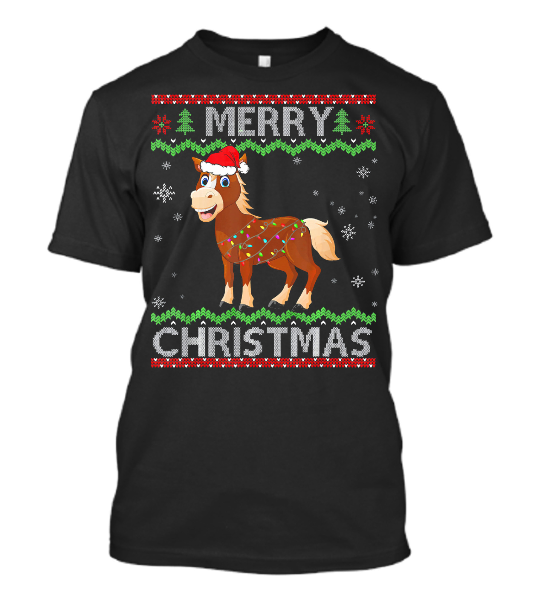 Merry Christmas Funny Horse With Lights And Santa Hat T-Shirt