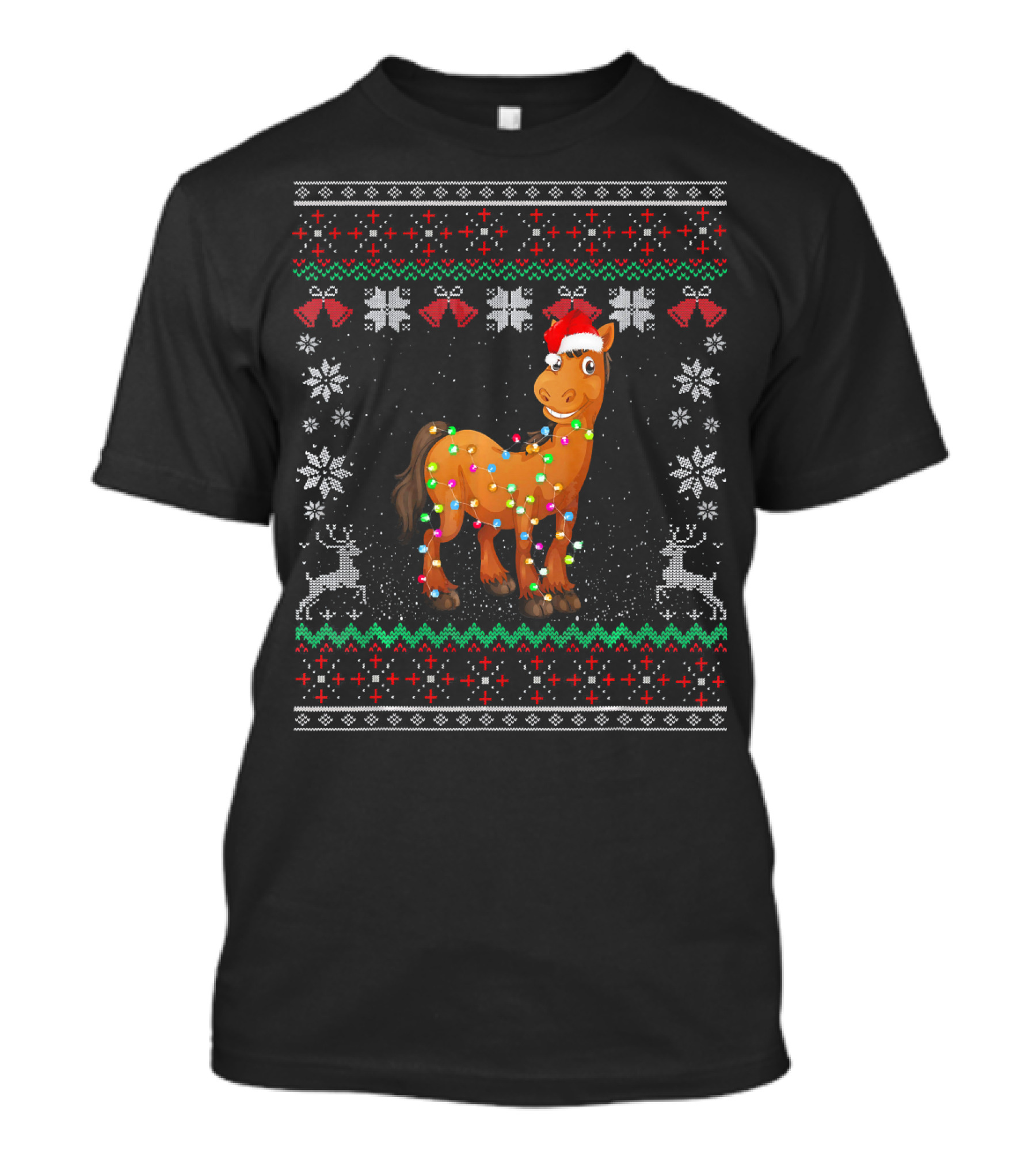 Festive Funny Horse With Santa Hat And Christmas Lights Ugly T-Shirt