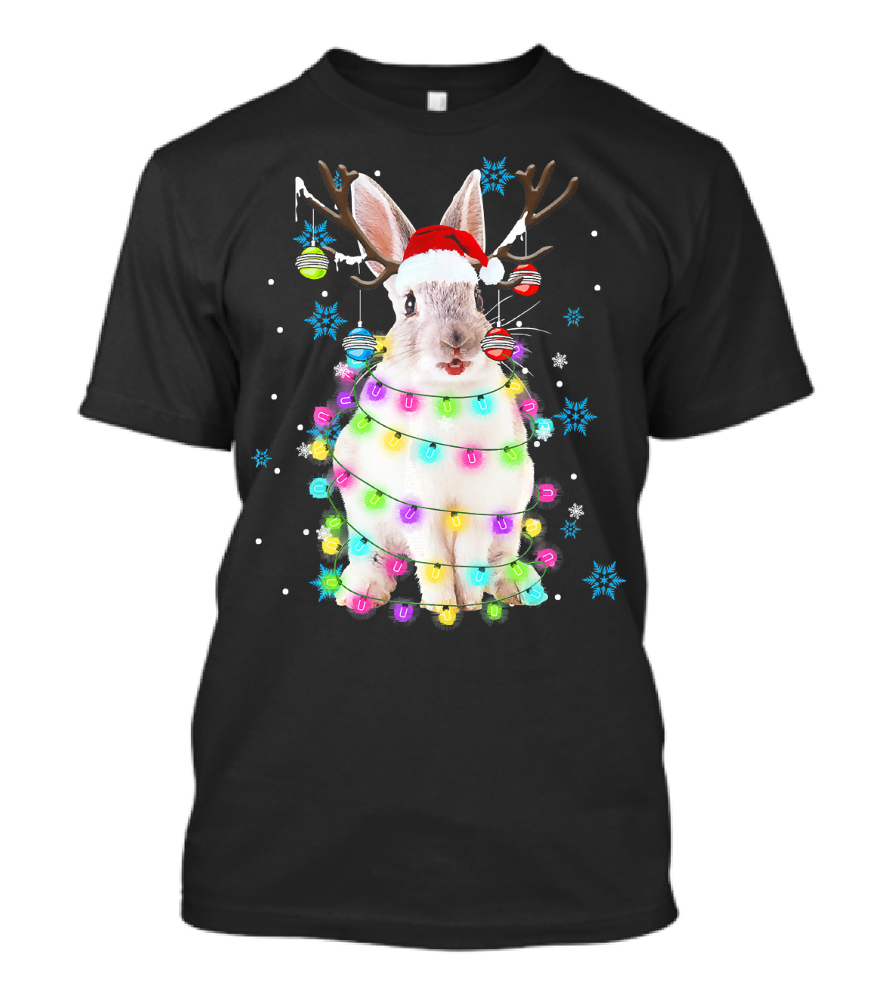 Christmas Reindeer Rabbit With Santa Hat And Festive Lights T-Shirt