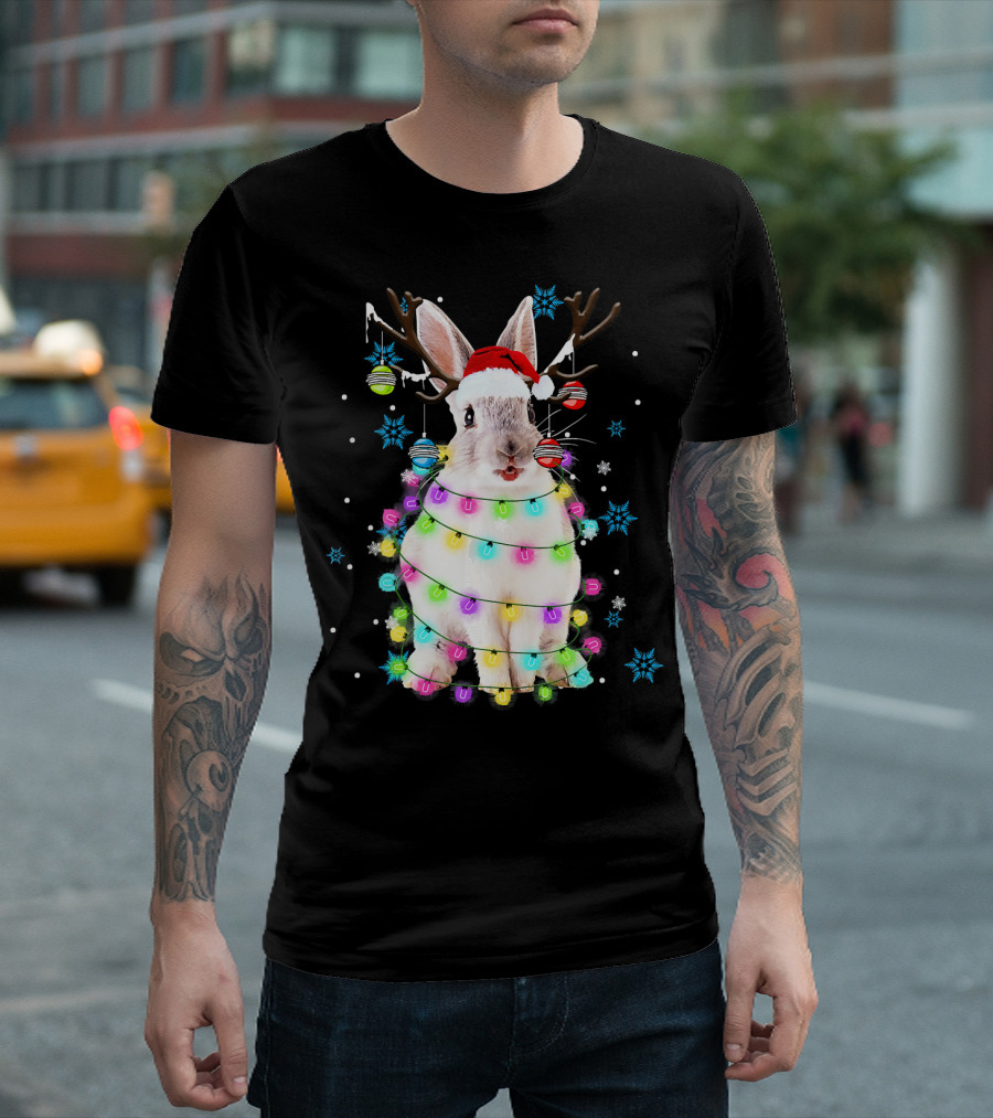 Christmas Reindeer Rabbit With Santa Hat And Festive Lights T-Shirt