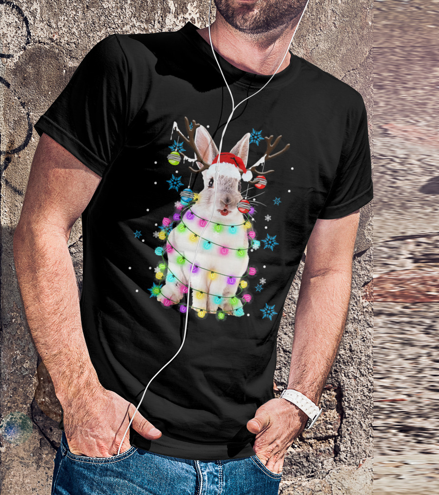 Christmas Reindeer Rabbit With Santa Hat And Festive Lights T-Shirt