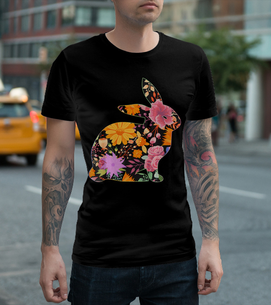 Floral Flower Vintage Retro Rabbit Lover Silhouette With Colorful Blooms T-Shirt