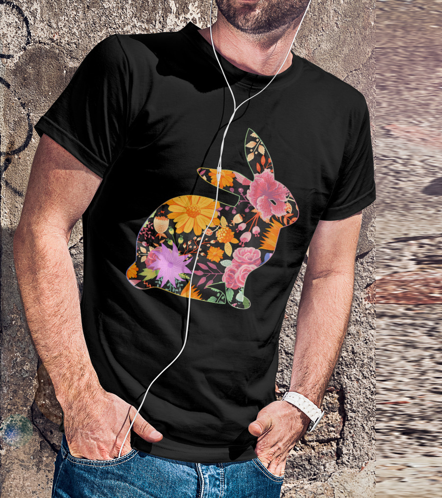 Floral Flower Vintage Retro Rabbit Lover Silhouette With Colorful Blooms T-Shirt