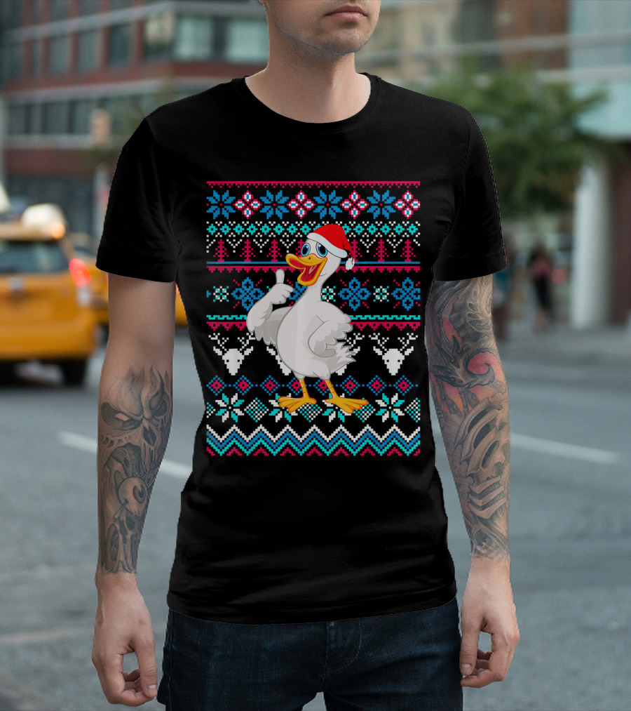 Funny Goose Merry Christmas Ugly Sweater Pattern Santa Hat T-Shirt