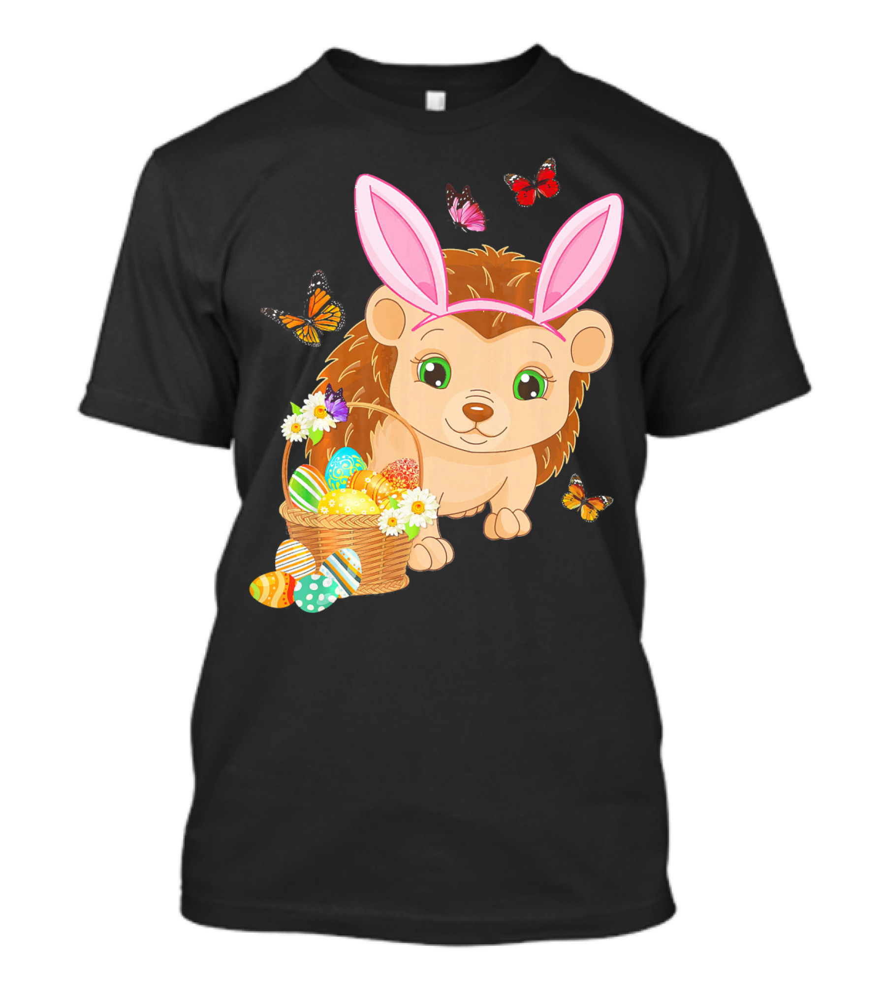 Hedgehog Wearing Bunny Hat With Easter Eggs And Butterflies T-Shirt