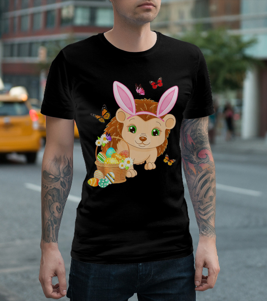 Hedgehog Wearing Bunny Hat With Easter Eggs And Butterflies T-Shirt