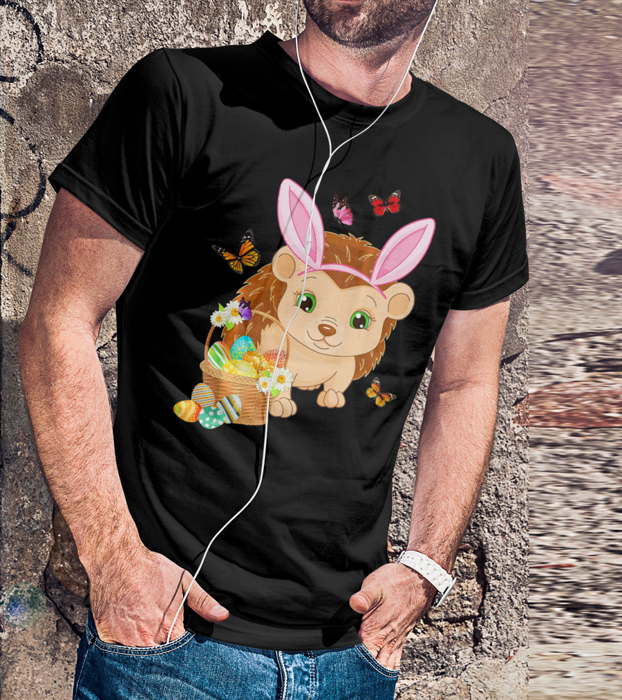 Hedgehog Wearing Bunny Hat With Easter Eggs And Butterflies T-Shirt