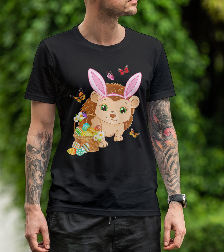 Hedgehog Wearing Bunny Hat With Easter Eggs And Butterflies T-Shirt