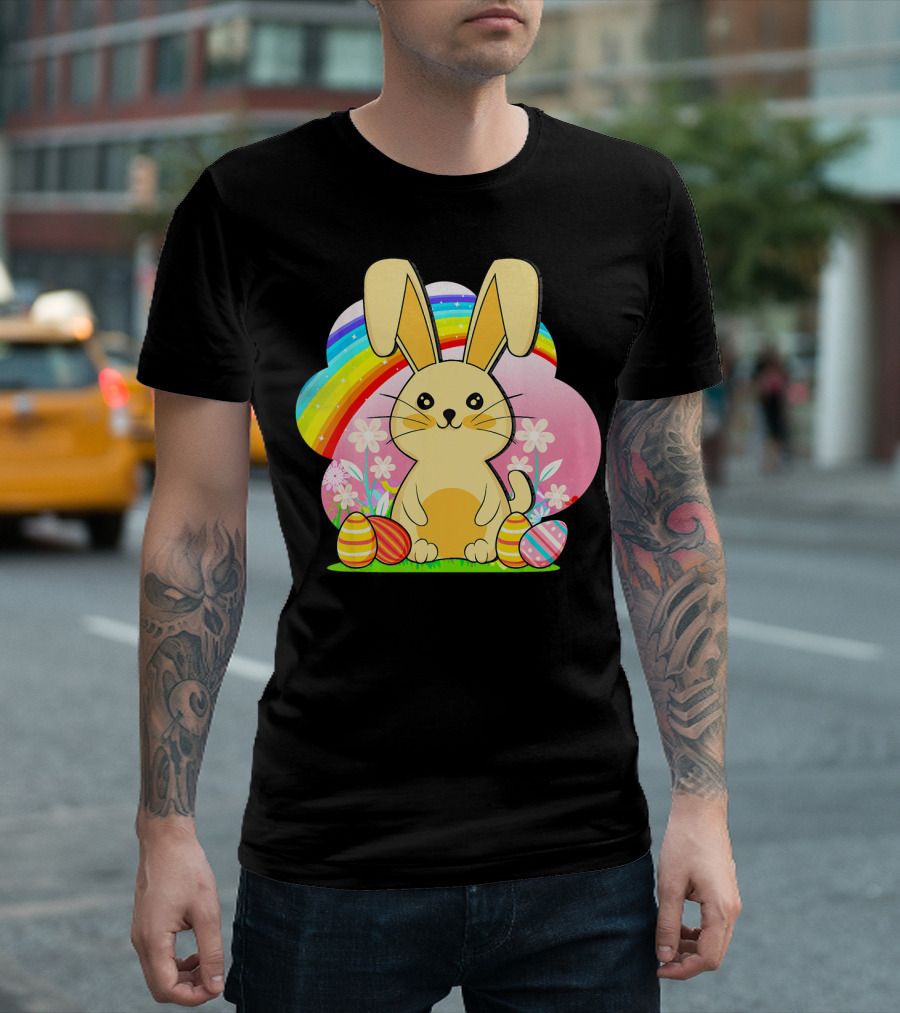 Cute Easter Bunny with Rainbow and Colorful Eggs T-Shirt
