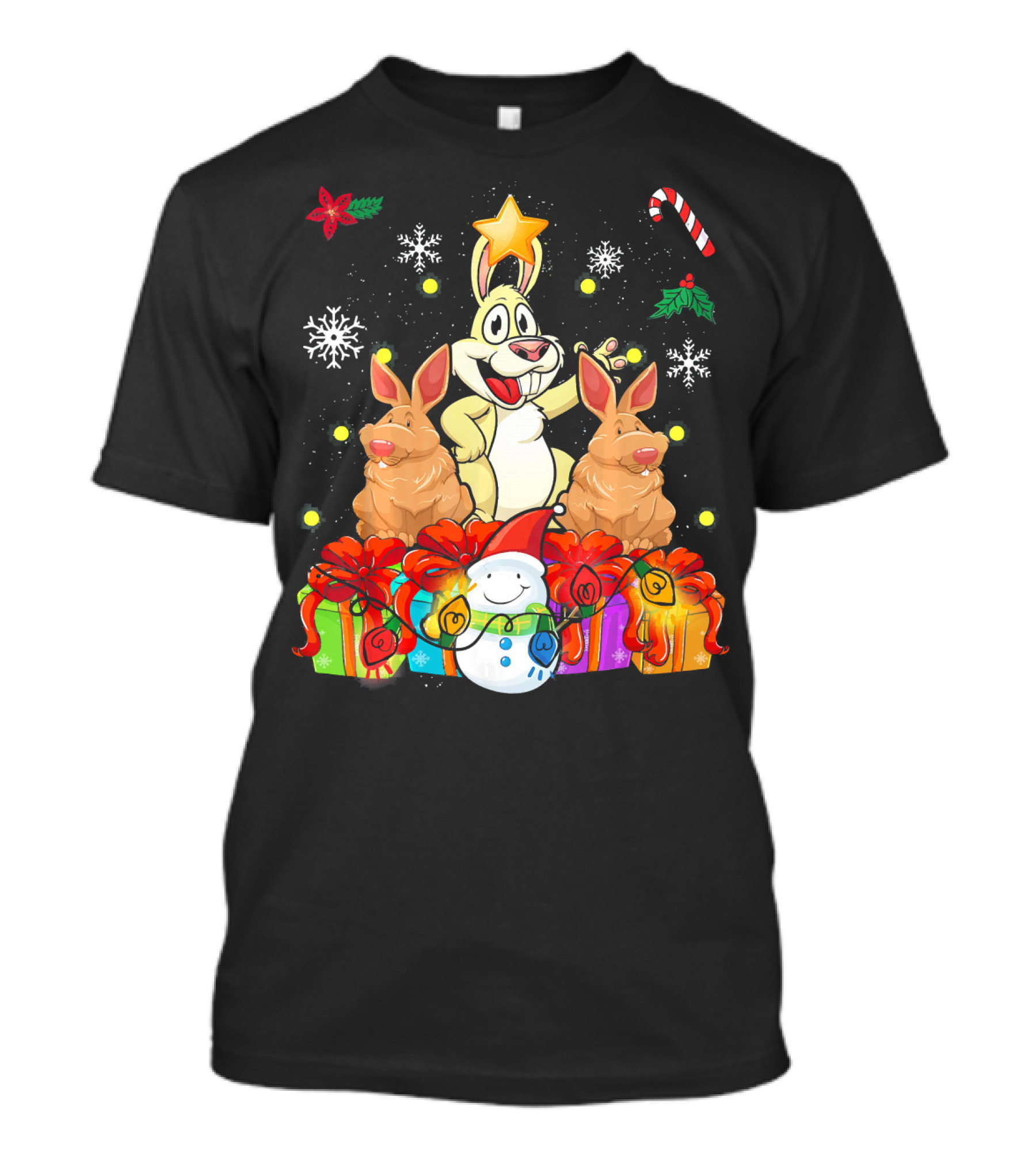 Funny Rabbit Christmas Tree With Gifts And Snowman T-Shirt