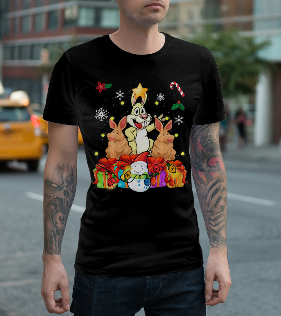 Funny Rabbit Christmas Tree With Gifts And Snowman T-Shirt